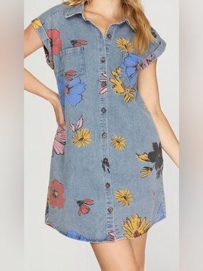 She + Sky Blue Floral Button-Front Denim Dress with Flowers NWT